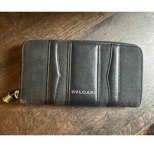 BVLGARI BLACK DENIM AND LEATHER ZIP AROUND WALLET
